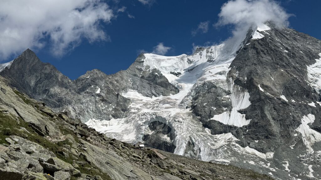 The Mountet cabin in front of the Obergabelhorn North Face.