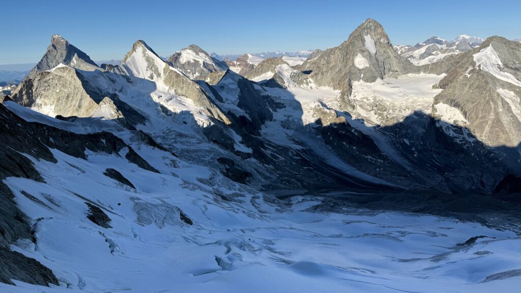 View from the Shoulder, the Matterhorn, Ober Gabelhorn, Dent d'Herens, Grand Combin and the Mont Blanc